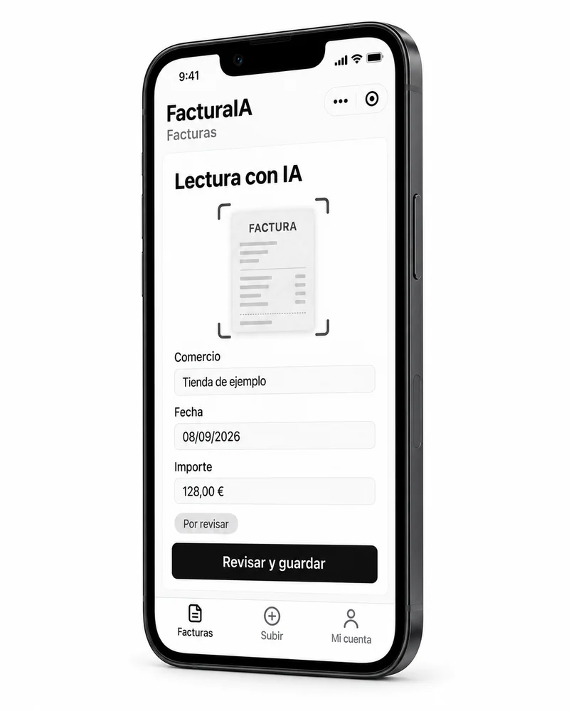 Ilustración de FacturaIA: reconocimiento de facturas con IA y revisión de los datos antes de guardar. Datos de ejemplo.