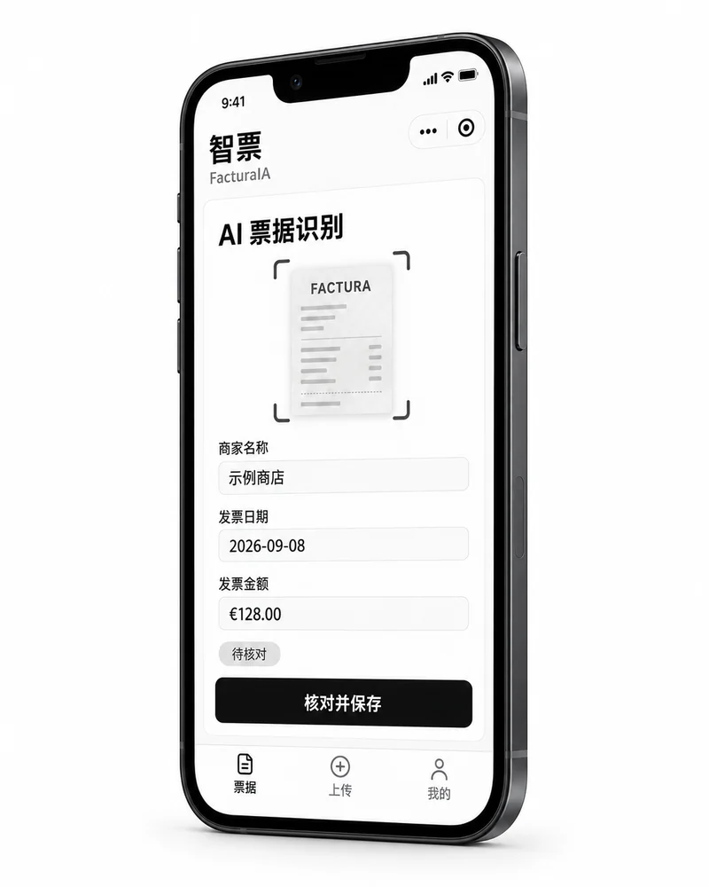 智票微信小程序产品插图:AI 识别票据,核对商家、日期和金额后保存。演示数据。