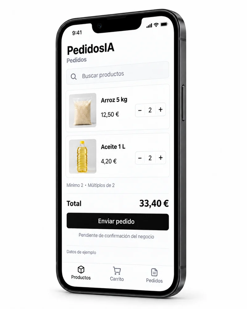 Ilustración de PedidosIA: selección de productos, cantidades mínimas y envío del pedido para su confirmación. Datos de ejemplo.